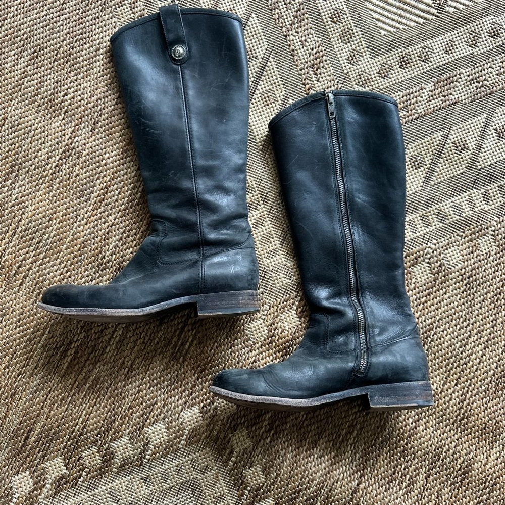 black leather FRYE Tall Riding Boots with side zipper, 7 - Picture 3 of 16
